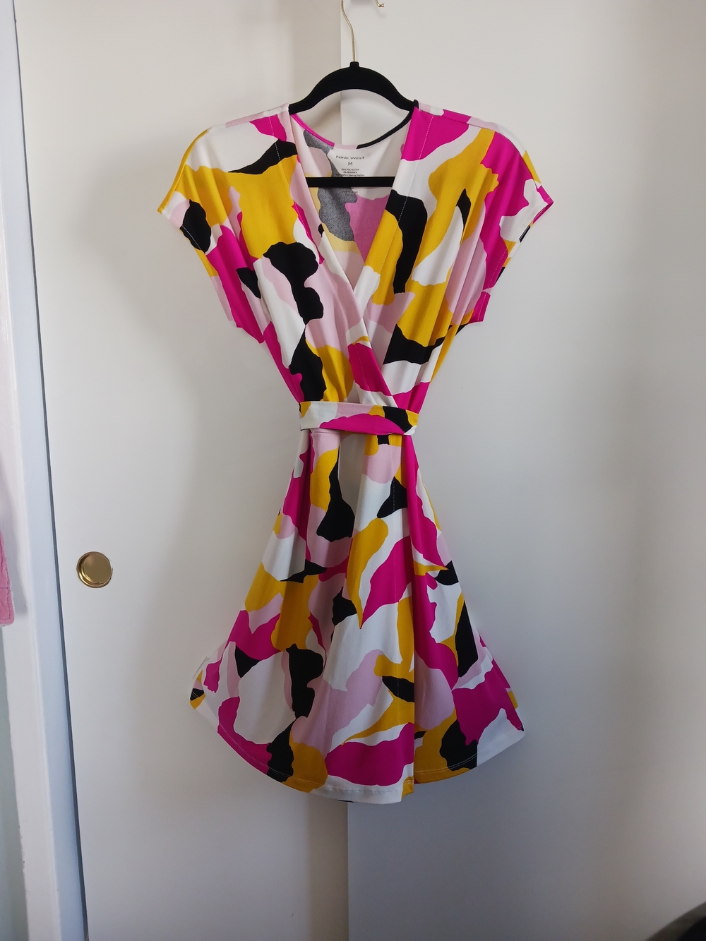 Nine West Pink, Yellow & Black Abstract Wrap Mini Dress